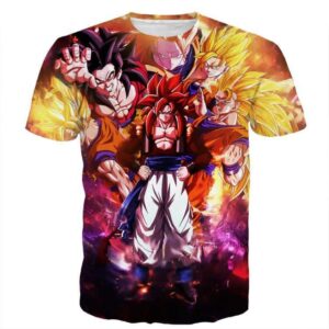 T-Shirt DBZ "Gogeta avec Goku et Vegeta en Super Saiyan – Design Puissant avec Éclairs et Foudre"