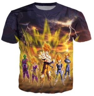 T-Shirt "Freezer avec l'Aura de Super Saiyan, Goku, Vegeta, Gohan, Trunks et Piccolo"