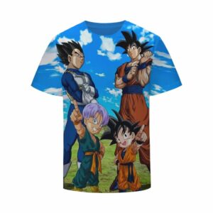 T-Shirt dope "Dragon Ball Z – Goku, Goten, Vegeta et Trunks sous un Ciel Bleu"